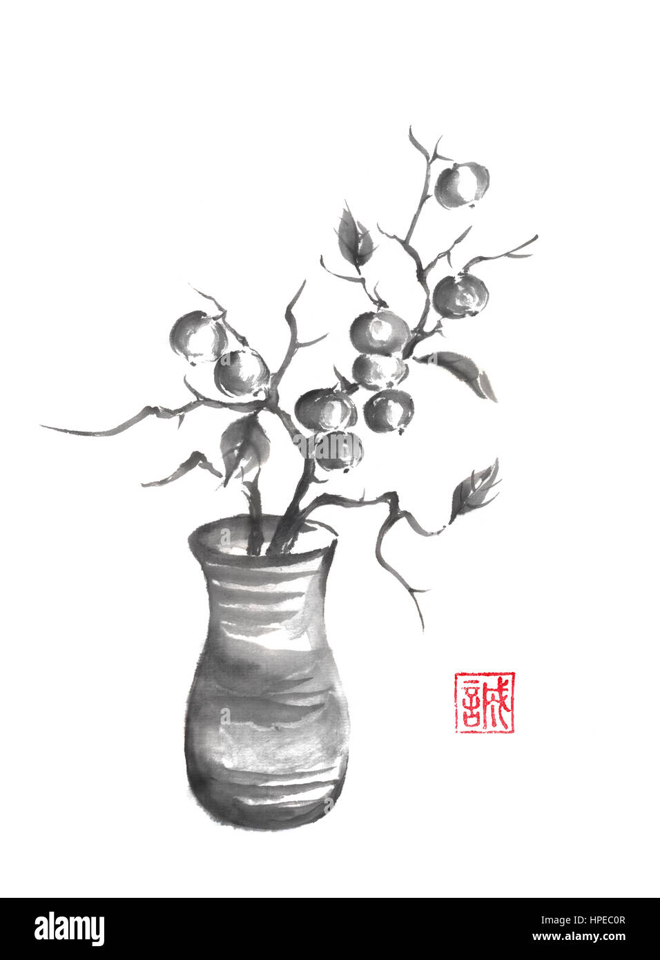Vase avec des baies de style japonais, peinture sumi-e. Les hiéroglyphe signifie sincérité. Grande pour les cartes de vœux ou de texture design. Banque D'Images