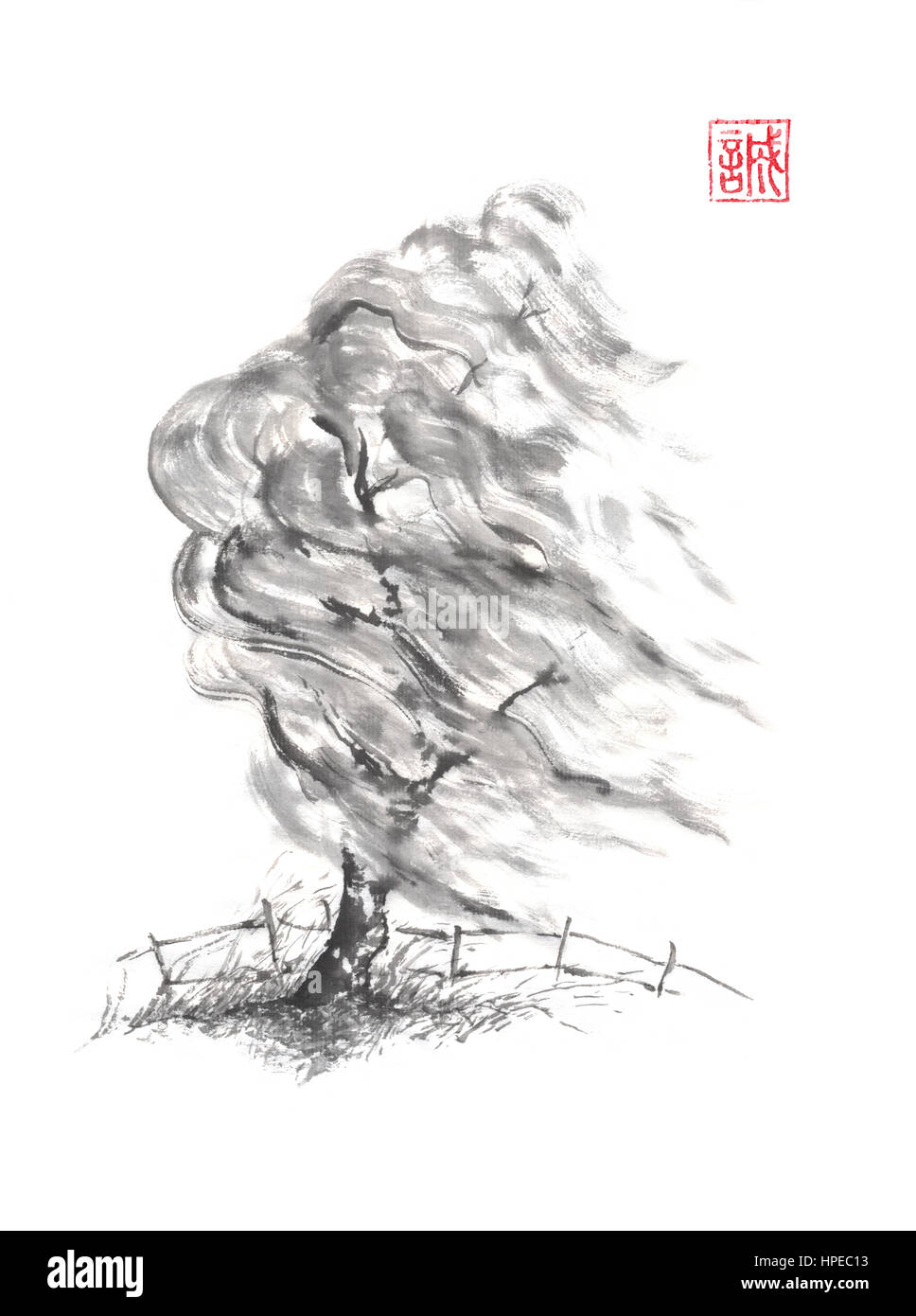 Willow Tree dans le vent de style japonais, peinture d'encre sumi-e. Les hiéroglyphe signifie sincérité. Grande pour les cartes de vœux ou de texture design. Banque D'Images