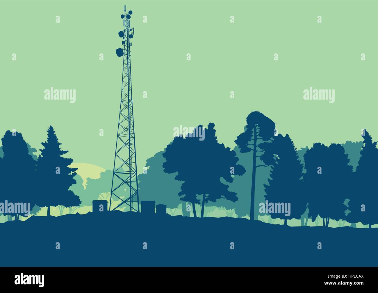 Tour de télécommunication avec des antennes de télévision et antenne satellite vector background paysage avec des arbres et des forêts Illustration de Vecteur