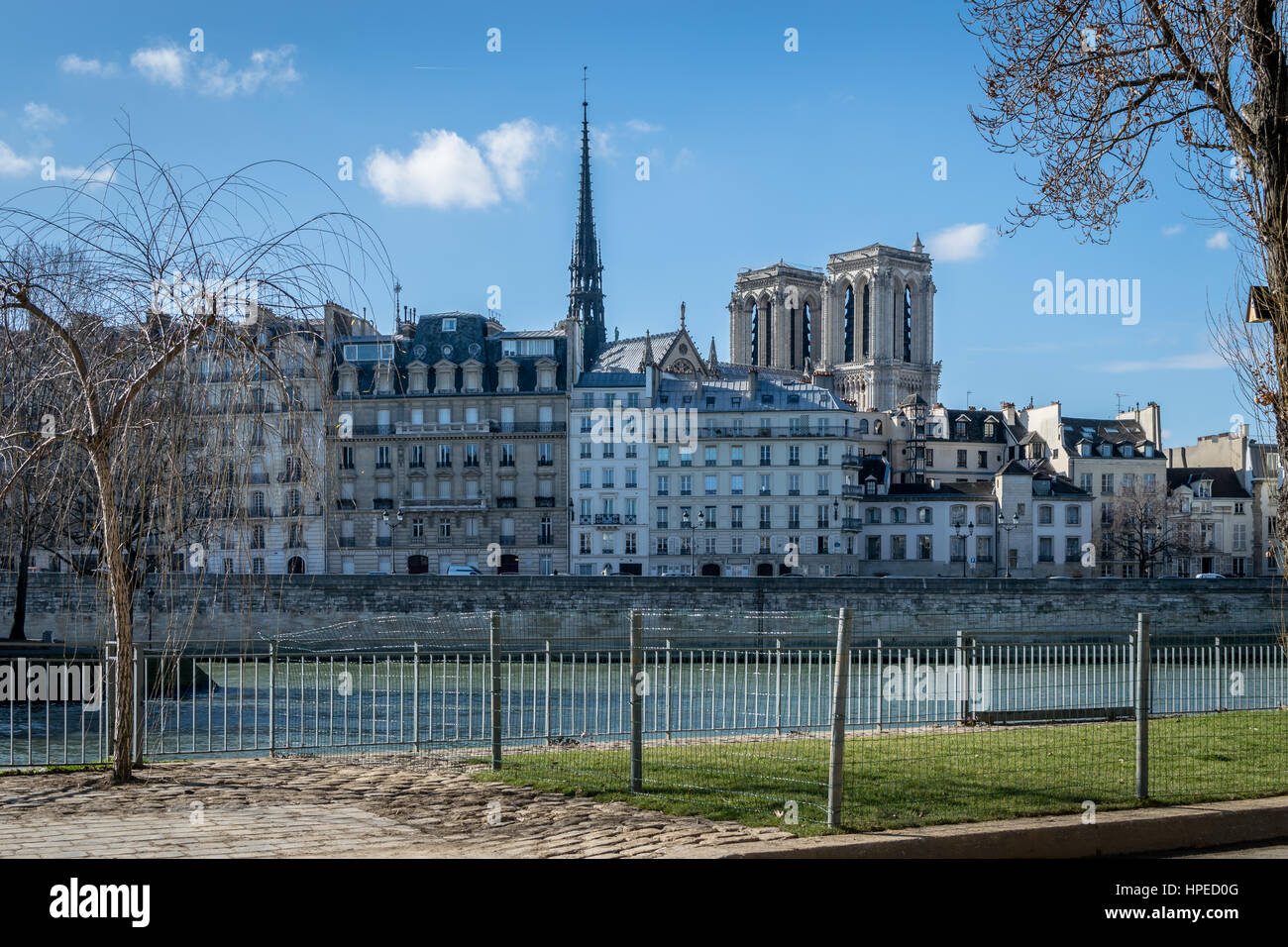 Notre Dame de Paris sous le soleil, photo prise des quais de Seine, sous un magnifique ciel bleu Banque D'Images