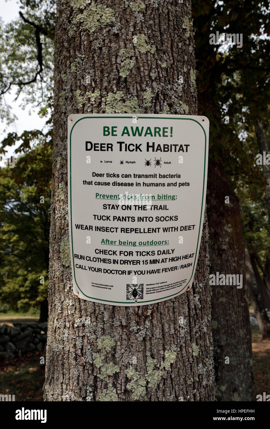 Une tique panneau d'avertissement sur un arbre dans la Minute Man National Historical Park, comté de Middlesex, Massachusetts, United States. Banque D'Images