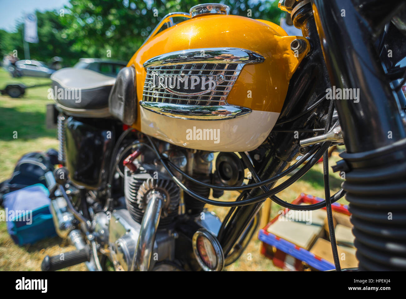 Triumph BONNEVILLE UK, close-up de l'or et crème de réservoir d'essence d'un classique des années 1960 Triumph BONNEVILLE moto. Banque D'Images