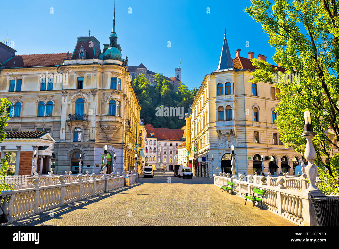 Ville de Ljubljana vue depuis le pont Tromostovje, capitale de la Slovénie Banque D'Images