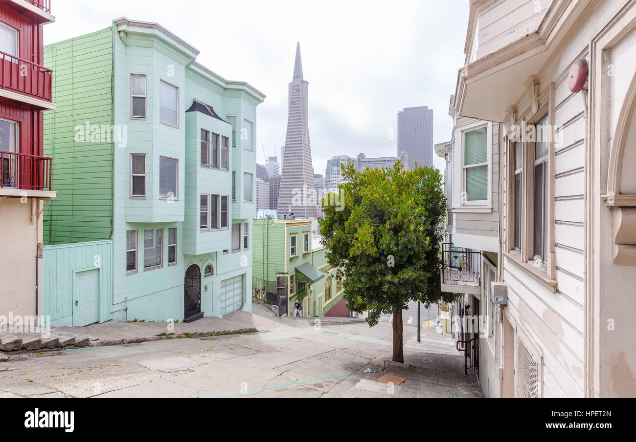 Vue panoramique de bâtiments historiques près de Telegraph Hill quartier résidentiel avec la célèbre skyline de San Francisco en arrière-plan, USA Banque D'Images