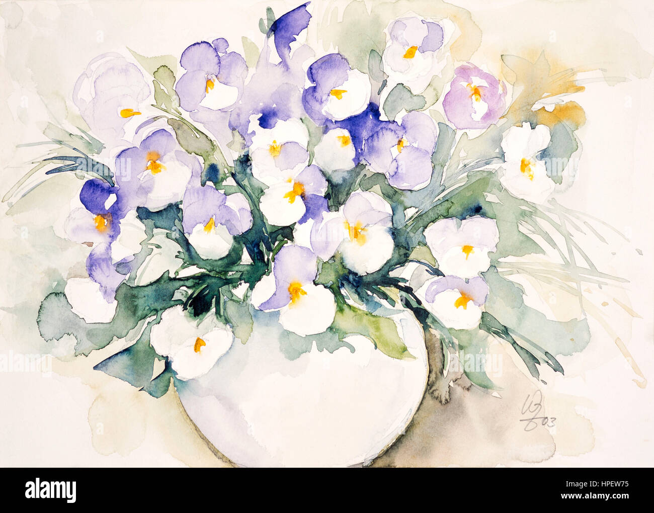 Aquarelle de Waltraud Zizelmann, bleu et blanc pensées dans un vase Banque D'Images