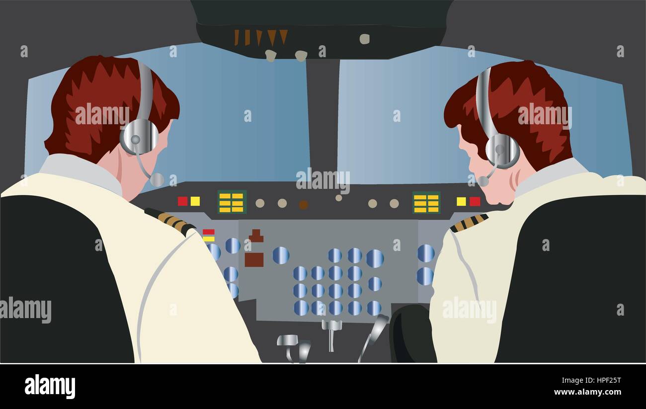 Un pilote expérimenté à l'intérieur d'un cockpit avec un co-pilote aux commandes d'un grand jet Illustration de Vecteur