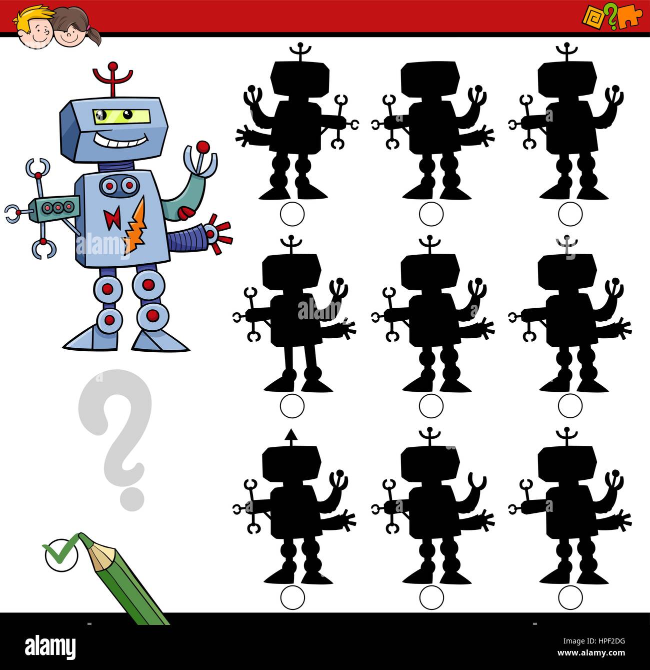 Cartoon Illustration de trouver de l'ombre sans différences activité éducative pour les enfants avec Robot Illustration de Vecteur