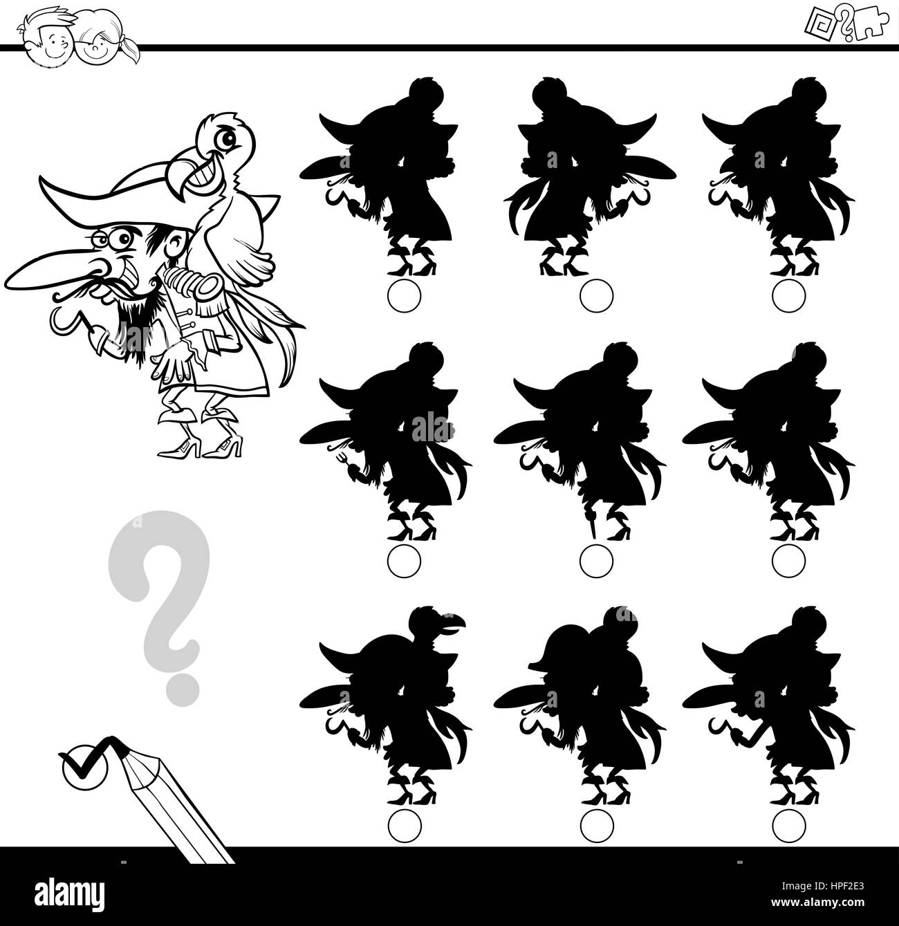 Cartoon noir et blanc Illustration de trouver l'ombre sans différences activité éducative pour les enfants avec caractère Pirate Coloriage Illustration de Vecteur