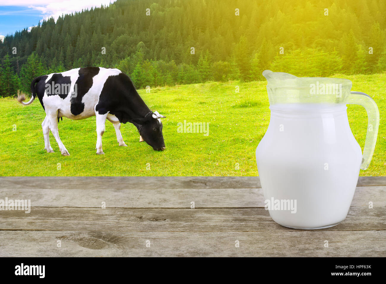 En lait verseuse en verre sur la vieille table en bois avec des vaches de pâturage sur le pré avec le soleil en arrière-plan. Avec lait vache sur l'arrière-plan Banque D'Images