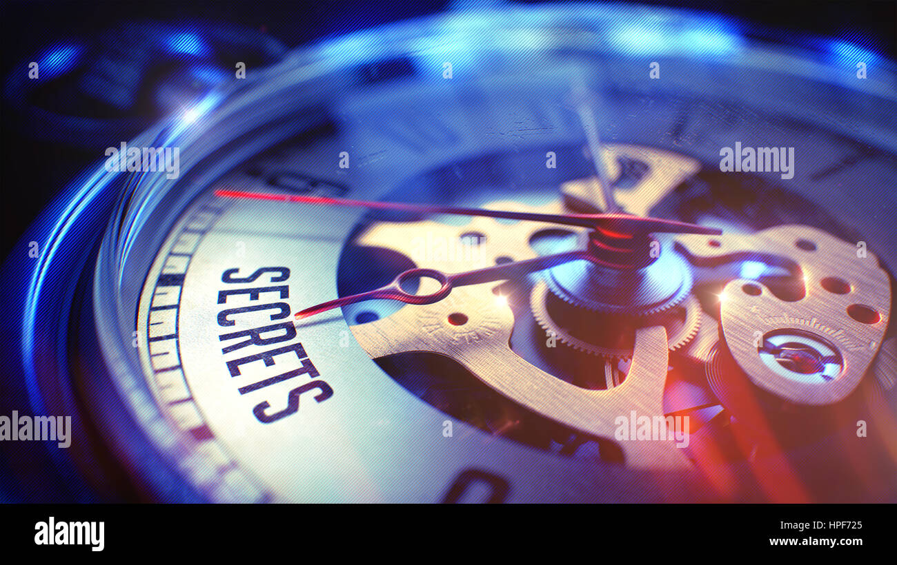 Montre de poche face avec texte Secrets, vue rapprochée de mécanisme horloger. Concept d'entreprise. Effet du film. Montre de poche le visage avec Expression Secrets sur elle. Bus Banque D'Images