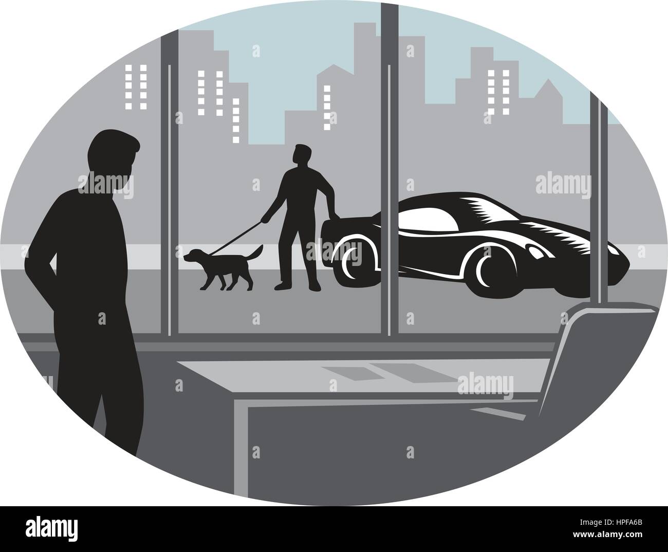 Illustratin d'un homme de l'intérieur d'un bureau à travers une fenêtre et de voir une personne debout à côté d'une voiture exotique avec un chien en le Illustration de Vecteur