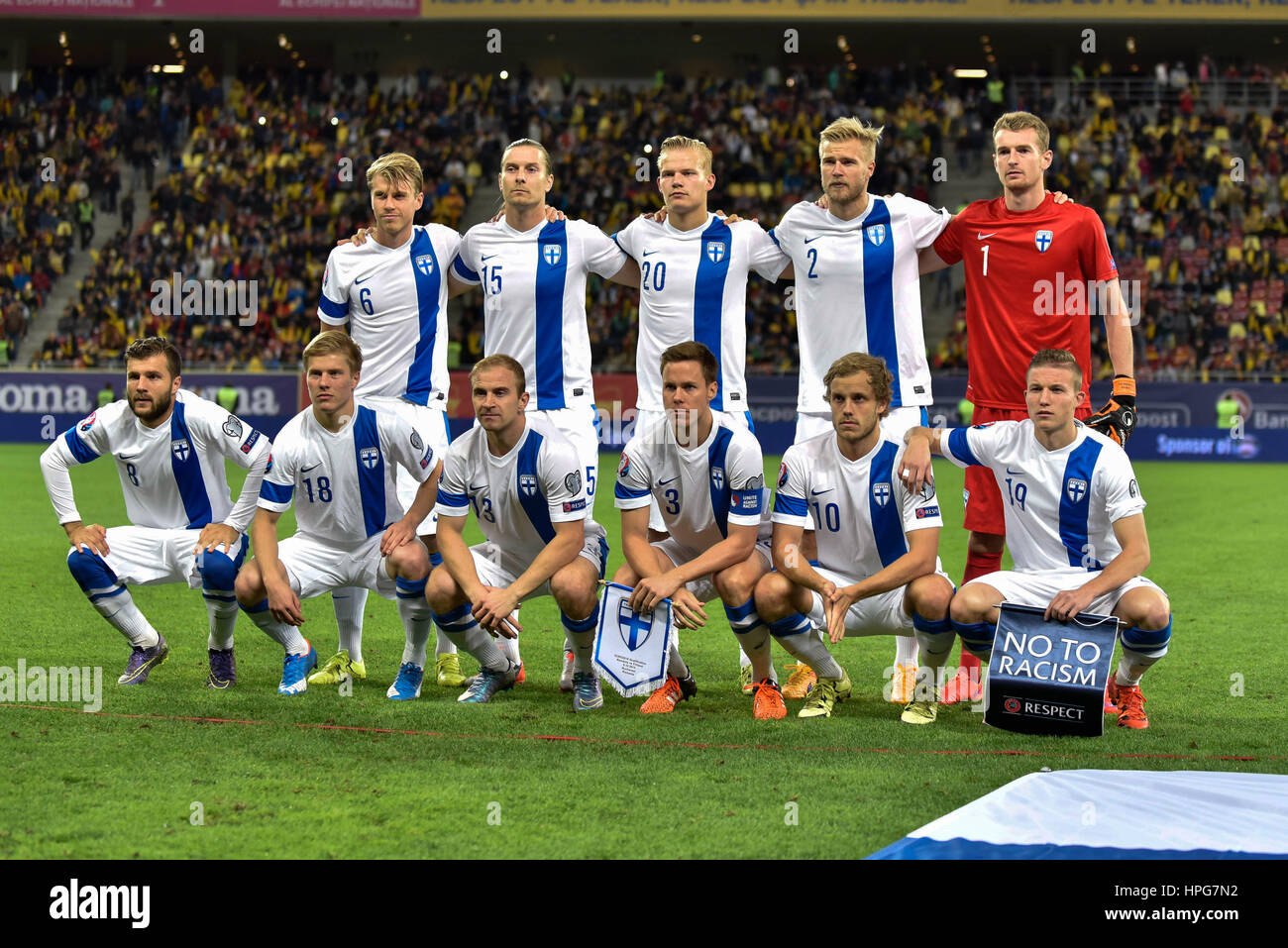 7 février 2015 : l'équipe nationale de la Finlande au début de l'UEFA Euro 2016 tour de qualification - Groupe F match entre l'équipe nationale de football de la Roumanie (ROU) L'équipe nationale de football contre la Finlande (FIN) au Stade National de Bucarest, Roumanie ROU. Photo : Cronos/Catalin Soare Banque D'Images