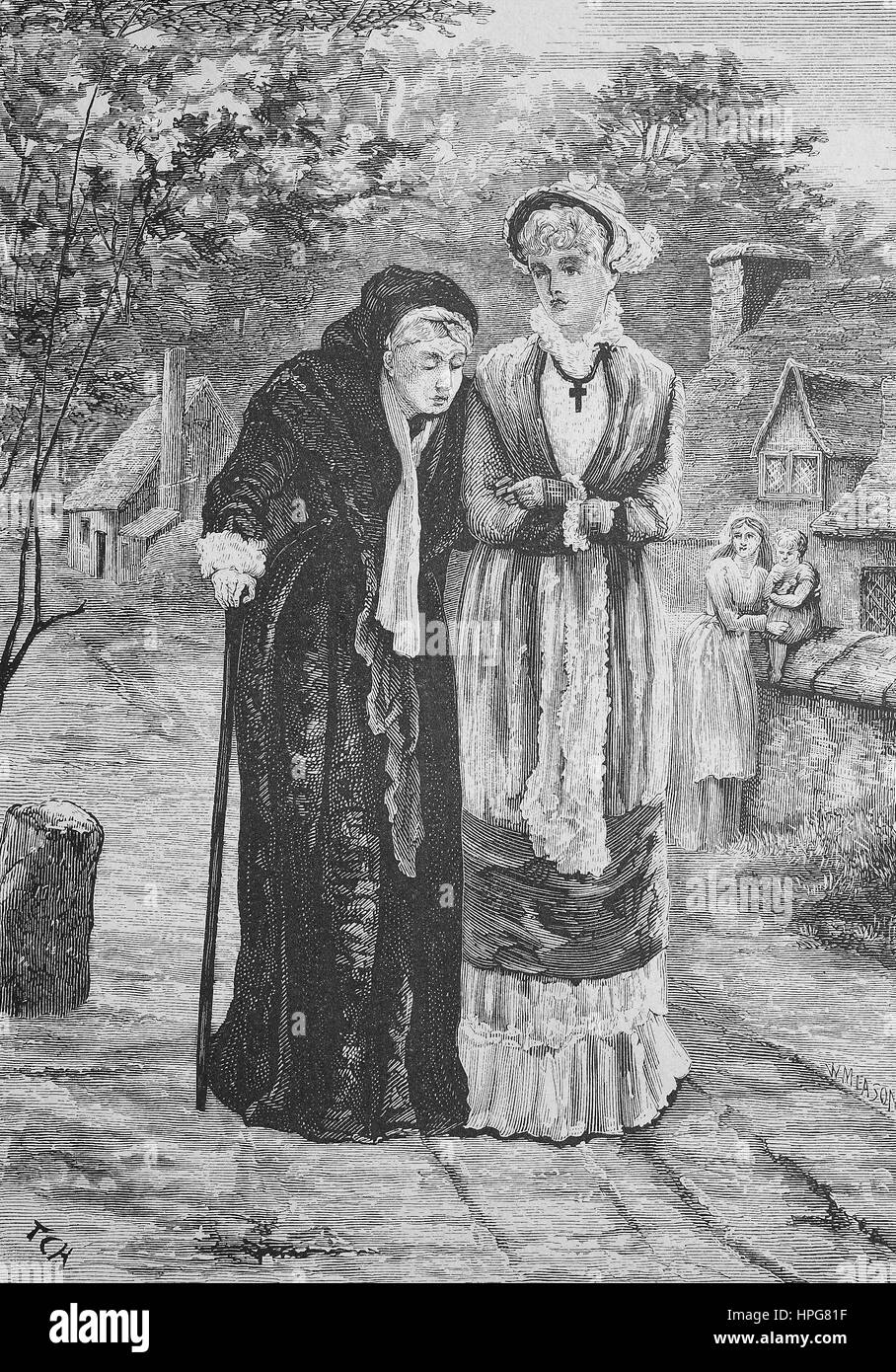 Grand-mère et sa petite-fille à marcher ensemble le dimanche après-midi, 19e siècle, l'Angleterre, Gro ?mutter und Enkelin beim gemeinsamen Promenade am Sonntagnachmittag, 19. Jahrhundert, Angleterre, amélioration numérique reproduction d'une gravure sur bois à partir de l'année 1885 Banque D'Images