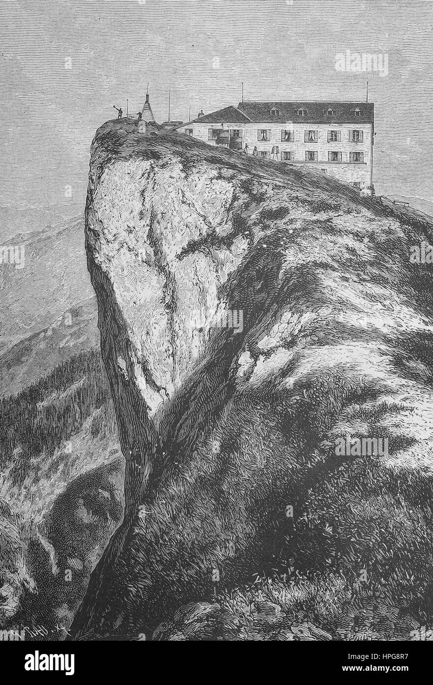 L'hôtel à la montagne Schafberg c'est un dans l'État autrichien de Salzbourg. Situé dans la région du Salzkammergut de montagnes des Alpes calcaires septentrionales, l'amélioration numérique reproduction d'une gravure sur bois à partir de l'année 1885 Banque D'Images
