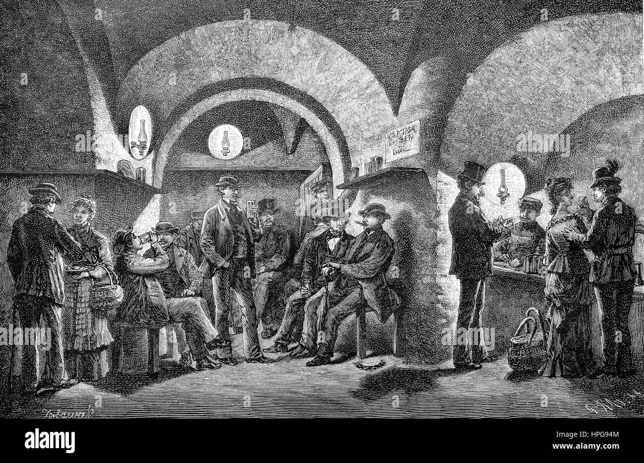 Der Esterhazy-Keller à Wien, Österreich ?. Palais Esterhazy est un palais baroque à Vienne, Autriche, appartenant à la noble famille Esterhazy. Il abrite un restaurant célèbre et populaire dans l'ancienne cave viticole, appelé Esterhazykeller numérique, l'amélioration de la reproduction d'une gravure sur bois à partir de l'année 1885 Banque D'Images