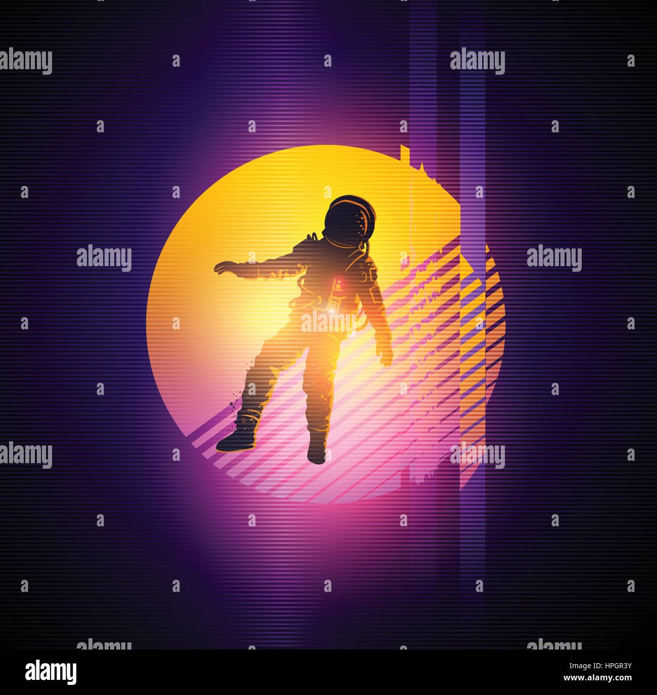 Retro des années 80 avec un arrière-plan distorsion glitch spaceman. Vector illustration Illustration de Vecteur