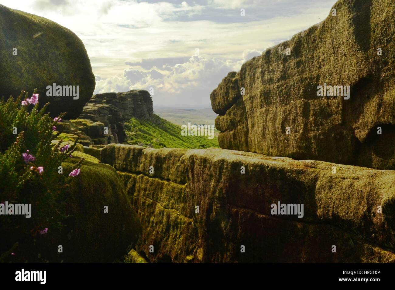 Avis de Stanage Edge, Peak District, England, UK entre les rochers avec Heather en premier plan Banque D'Images