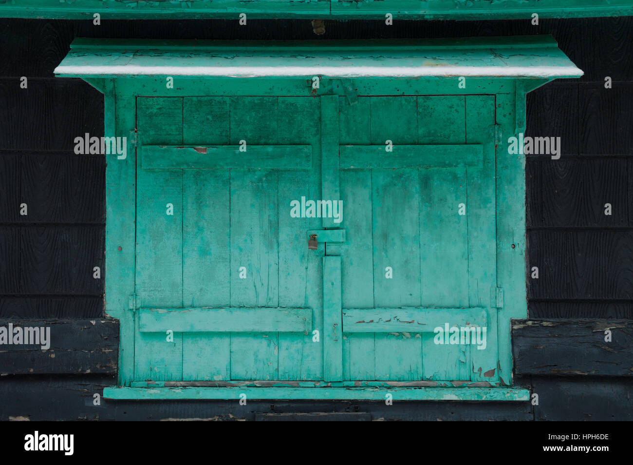 S shuuters mildewy Grungy vert avec de la neige sur un chalet. Verrouillé sur un chalet noir en hiver Banque D'Images