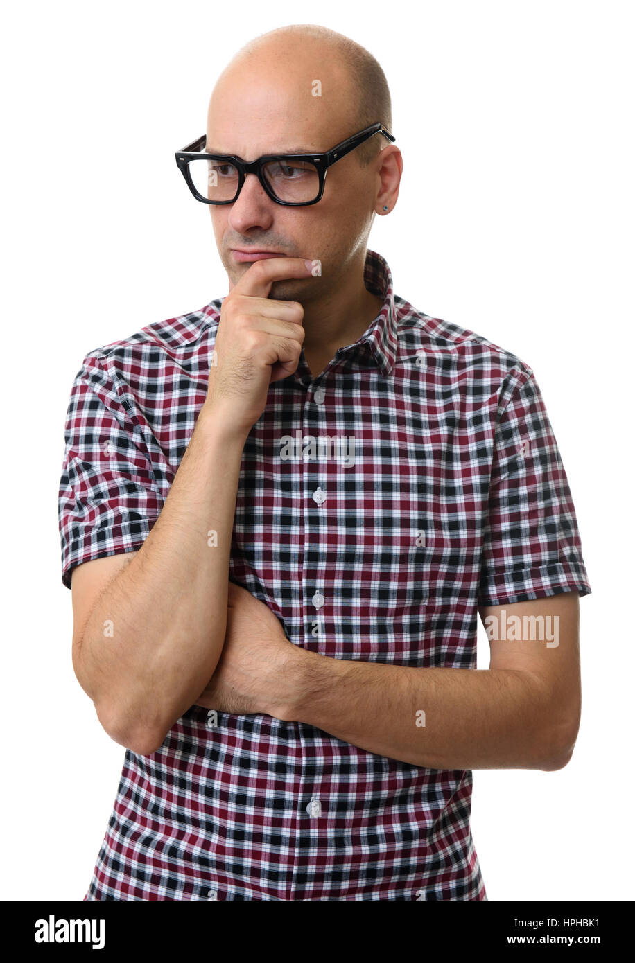 Portrait de beau jeune homme chauve réfléchie isolated over white background Banque D'Images