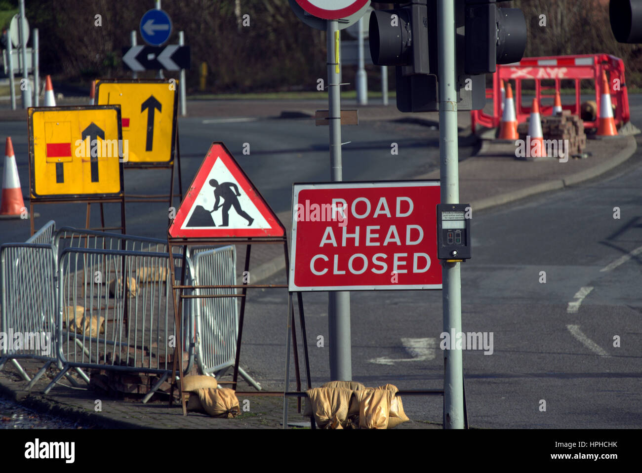 Travaux à venir signer Route fermée Banque D'Images