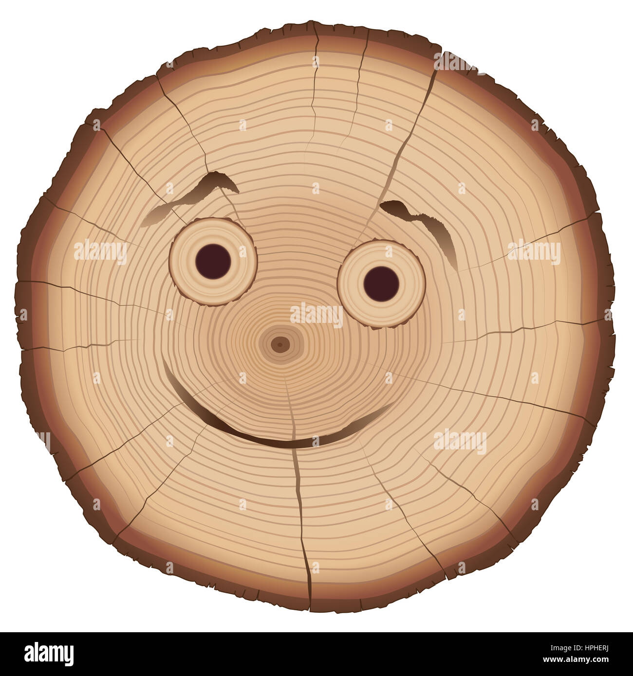 Coupe des arbres avec smiling face comique et de nombreux anneaux annuels. Banque D'Images