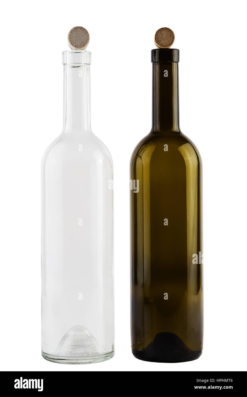 Vin blanc et rouge isolé des bouteilles vides Banque D'Images