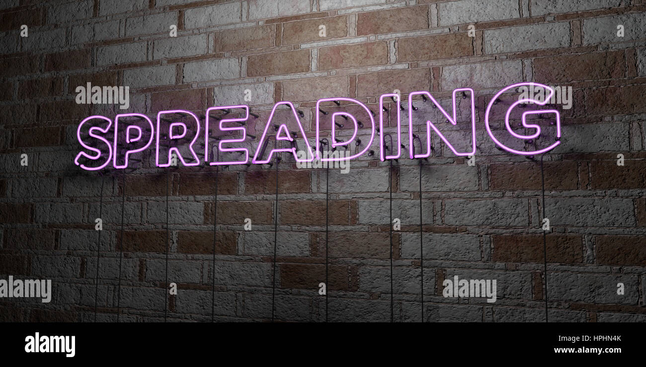 Diffusion - Glowing Neon Sign sur mur en pierre - rendu 3D illustration libres de droits. Peut être utilisé pour des bannières publicitaires en ligne et de publipostage. Banque D'Images