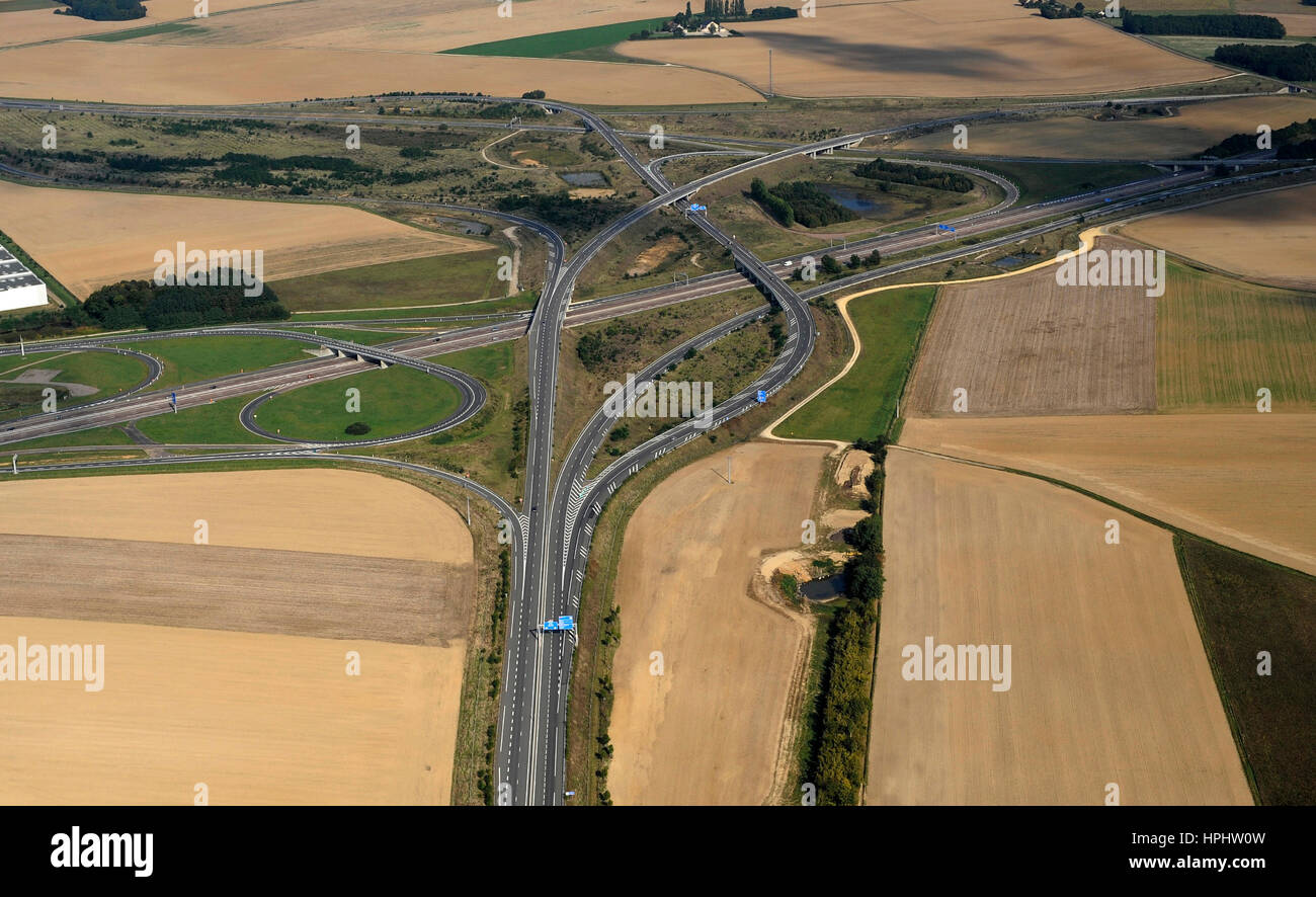 France, Bourgogne, vue aérienne de l'échangeur de Courtenay, A6, A 19 Banque D'Images