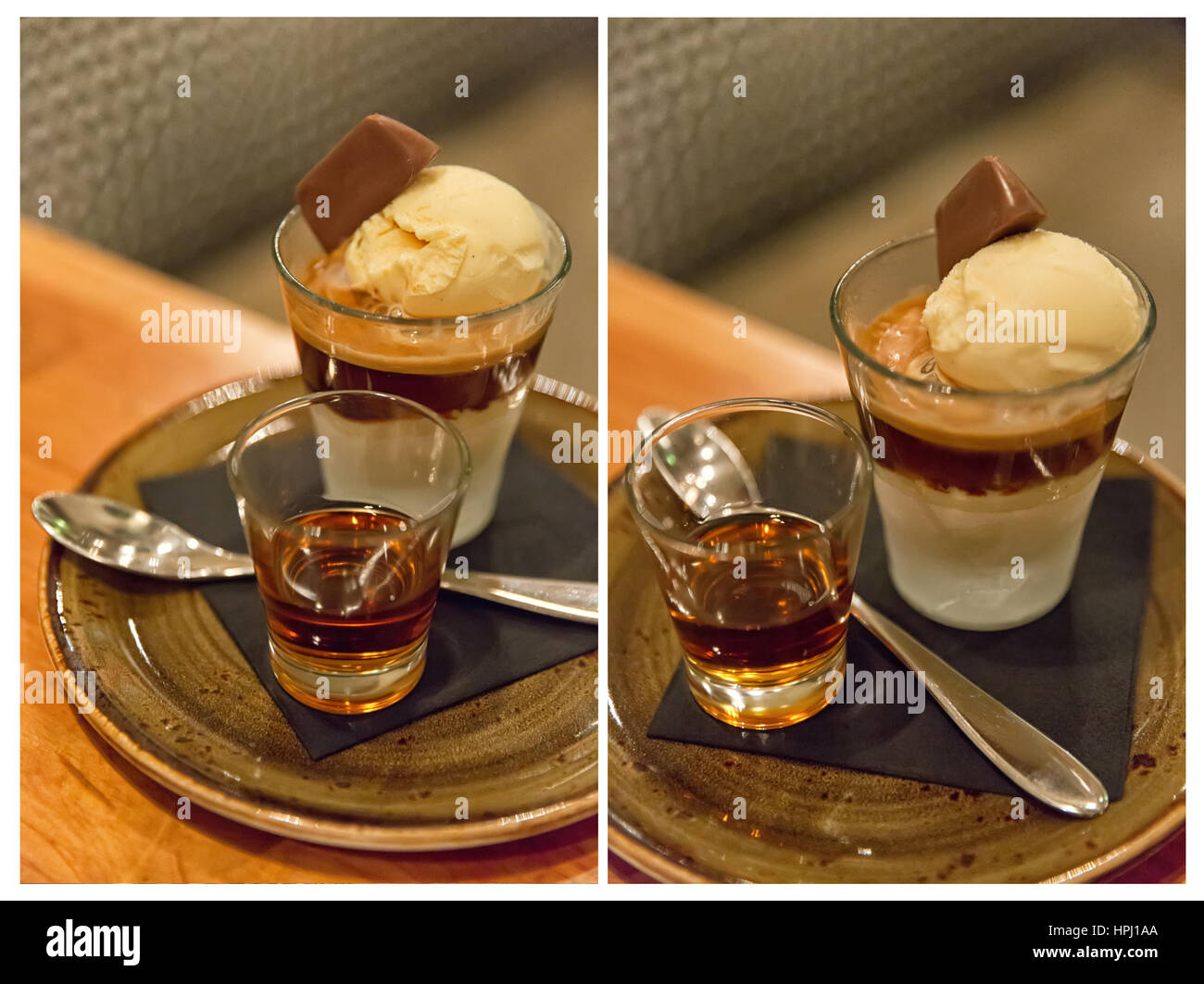 Collage de deux images d'un dessert dans un restaurant avec l'amaretto, glace caramel et Banque D'Images