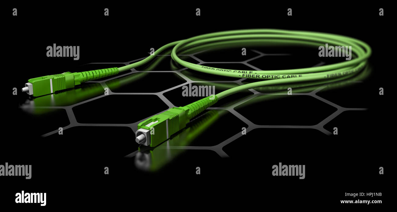 3d illustration d'un cordon de raccordement à fibre optique verte sur fond noir l'équipement réseau à large bande. Banque D'Images