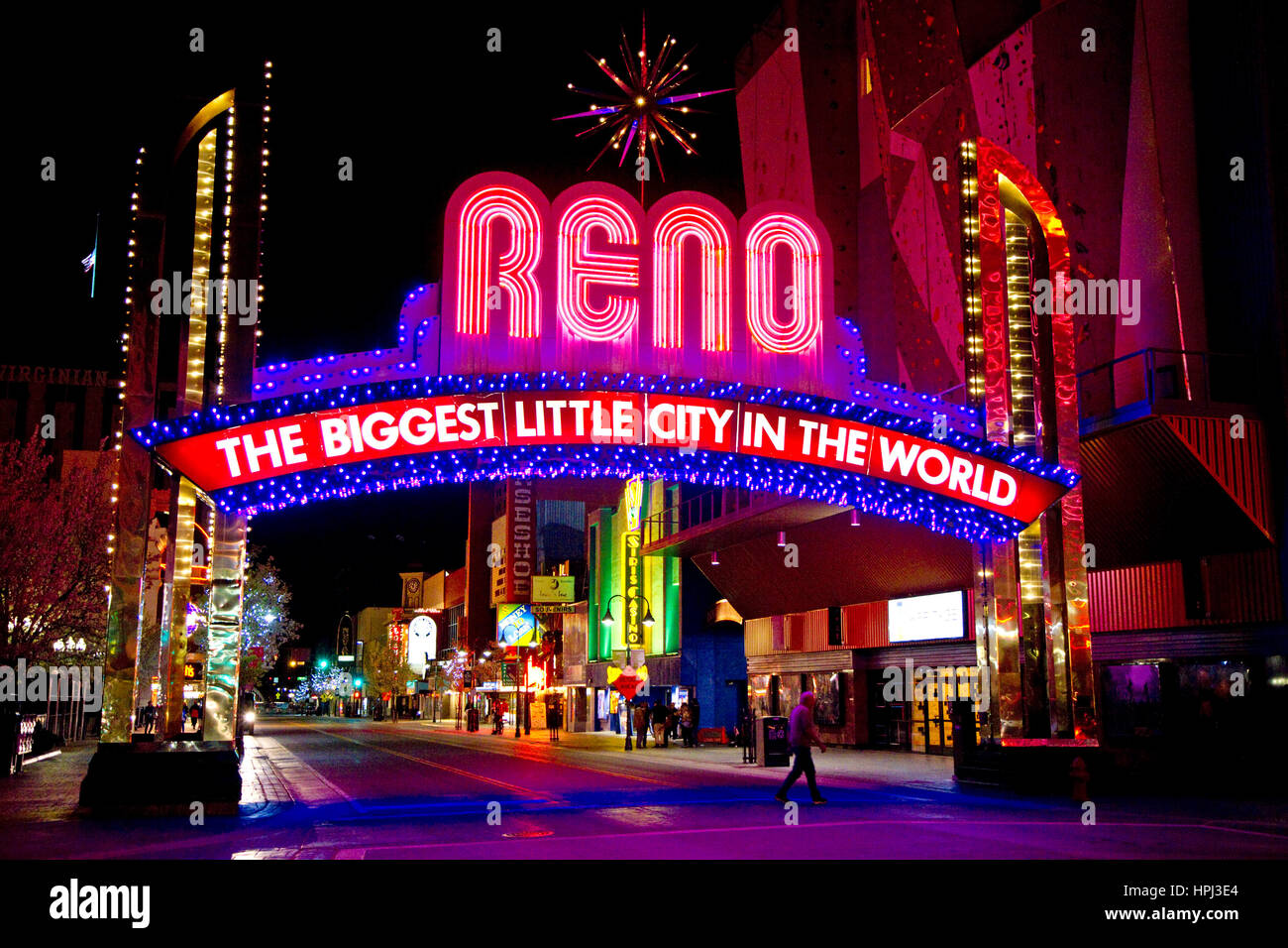 Le Reno Arch, un établissement emblématique de Reno, Nevada, USA. Banque D'Images