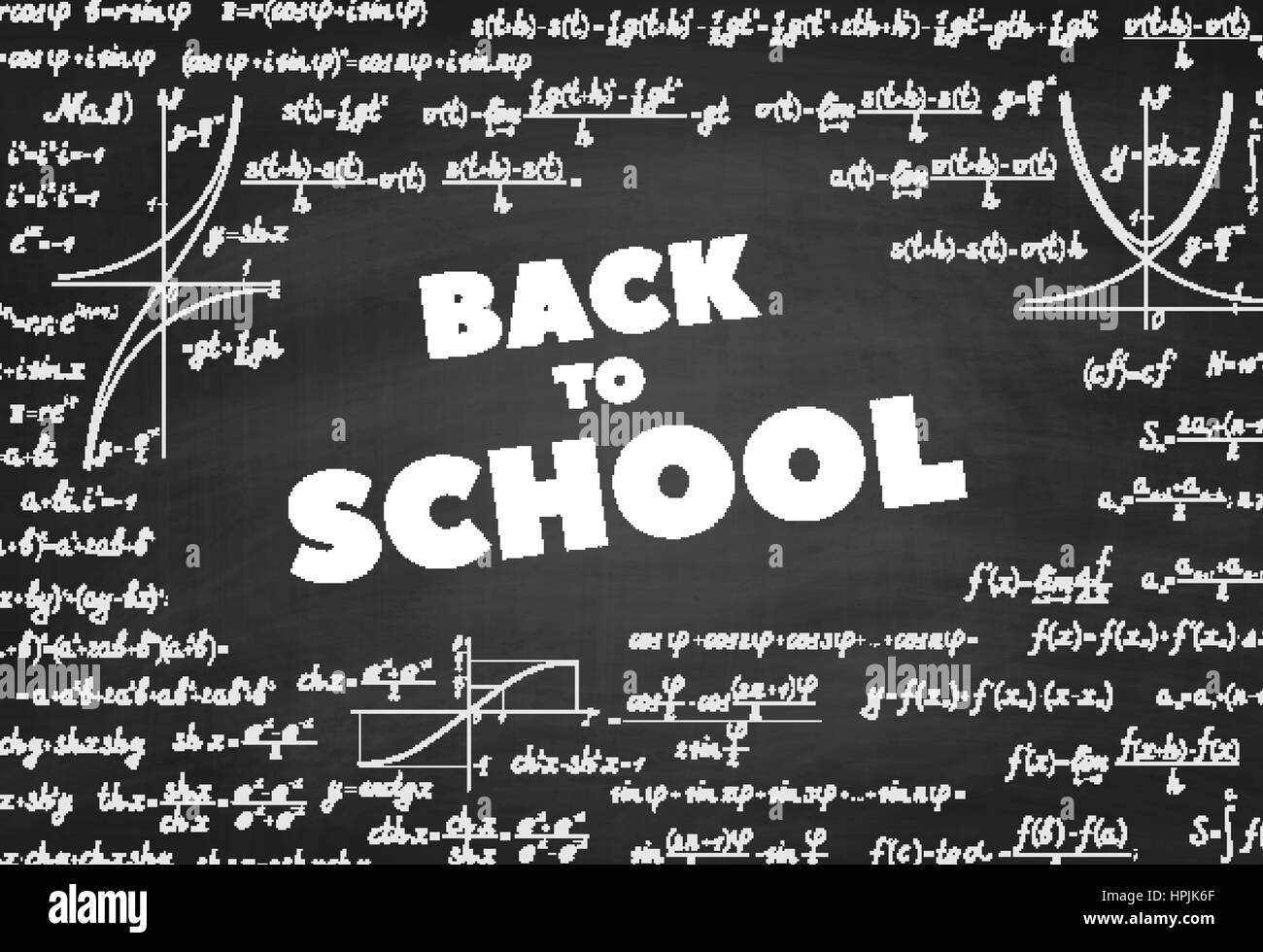 Mots Retour à l'École sur tableau noir. L'éducation contexte vecteur avec des formules, des équations et des chiffres, à la main sur un tableau noir Illustration de Vecteur