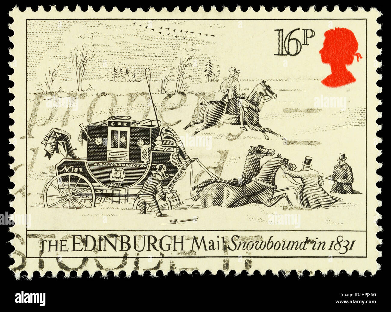 Royaume-uni - circa 1984 : un timbre-poste imprimé utilisé en Grande-Bretagne pour célébrer le bicentenaire de la première malle-poste terme montrant l'ami d'Édimbourg Banque D'Images