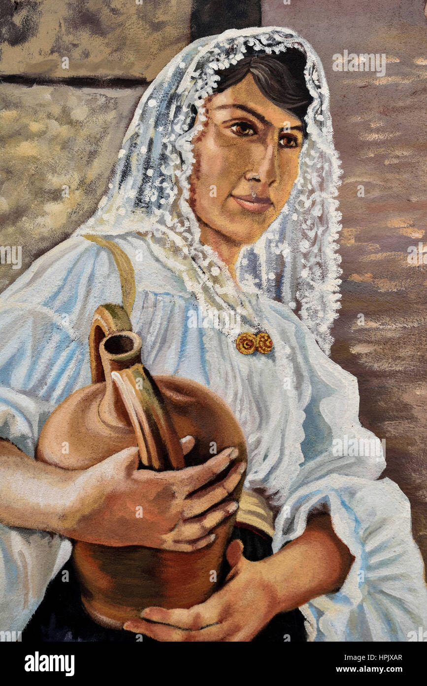 Peinture murale sarde, femme avec cruche de vin, murale, Thieri, Sardaigne, Italie Banque D'Images