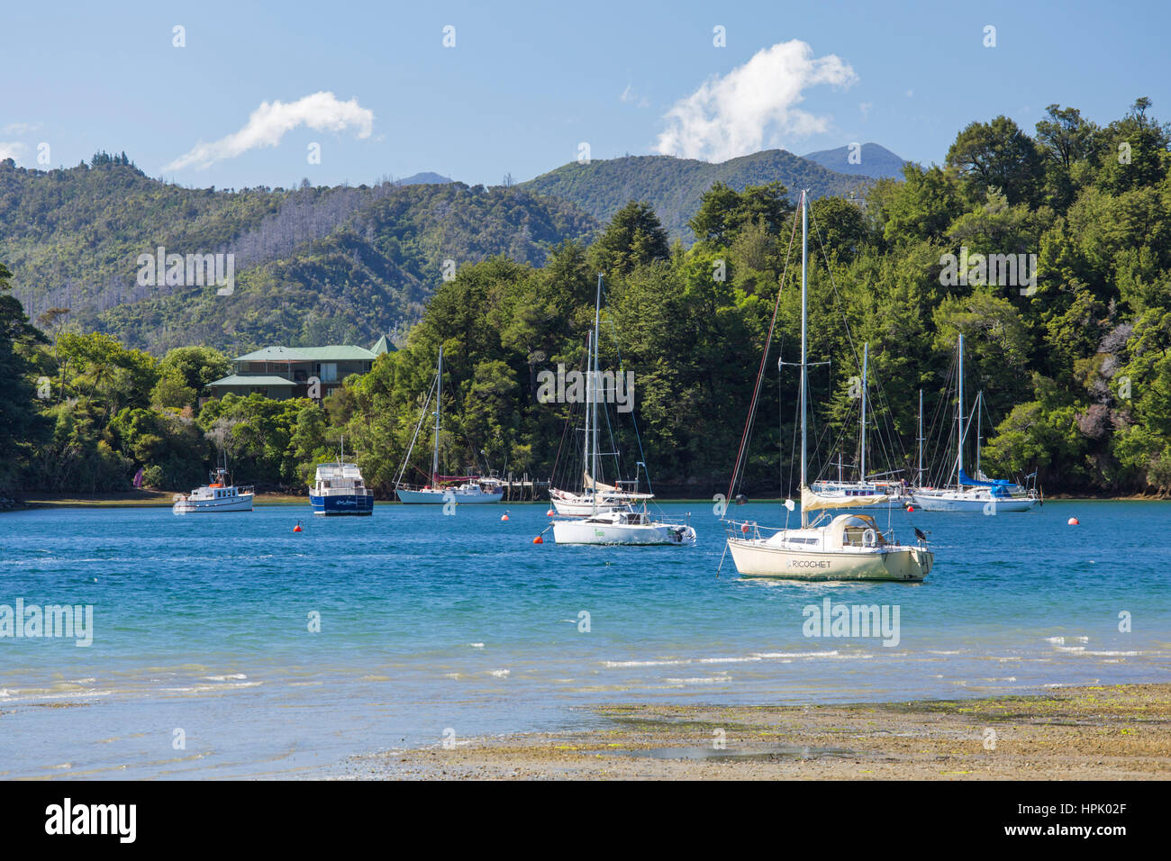 Picton, Marlborough, Nouvelle-Zélande. Yachts ancrés dans le port abrité à Ngakuta Bay. Banque D'Images