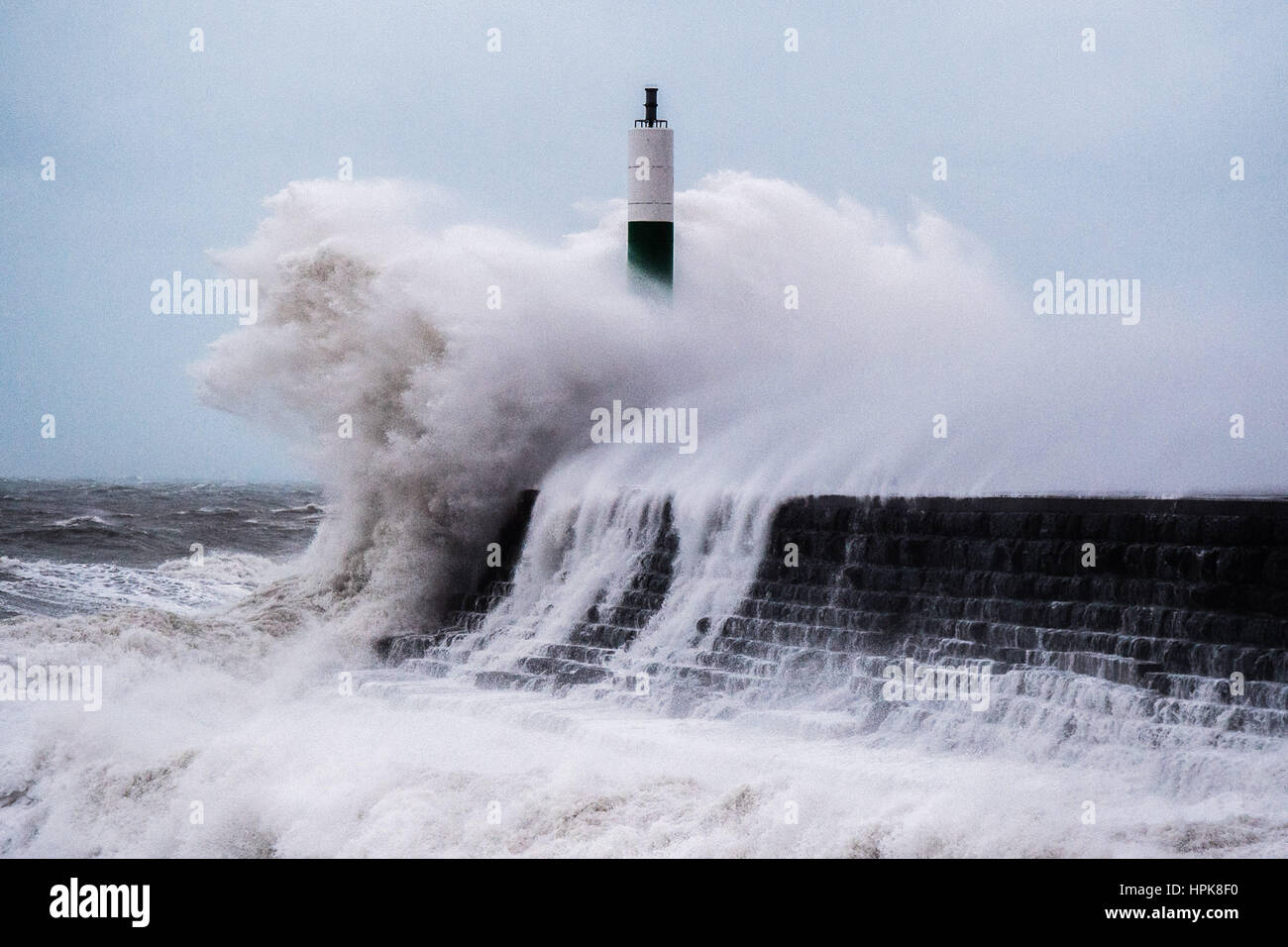 Aberystwyth, Pays de Galles, Royaume-Uni. Feb 23, 2017. Météo France : Dans les premières heures du jeudi matin, Doris tempête, le quatrième ouragan de l'hiver, frappe la ville balnéaire d'Aberystwyth, apportant en vagues gigantesques martelant contre la promenade de la mer et de défense. Violente tempête Force 11, avec des rafales de vents allant jusqu'à 90mph sont prévus dans la partie du nord du Pays de Galles et le nord-ouest de l'Angleterre, avec le risque de dommages à la propriété et une grave perturbation des déplacements. La tempête a été classé comme 'bombe météorologique" Cyclogenisis (explosifs) par le Met Office. Crédit photo : Keith morris/Alamy Live News Banque D'Images