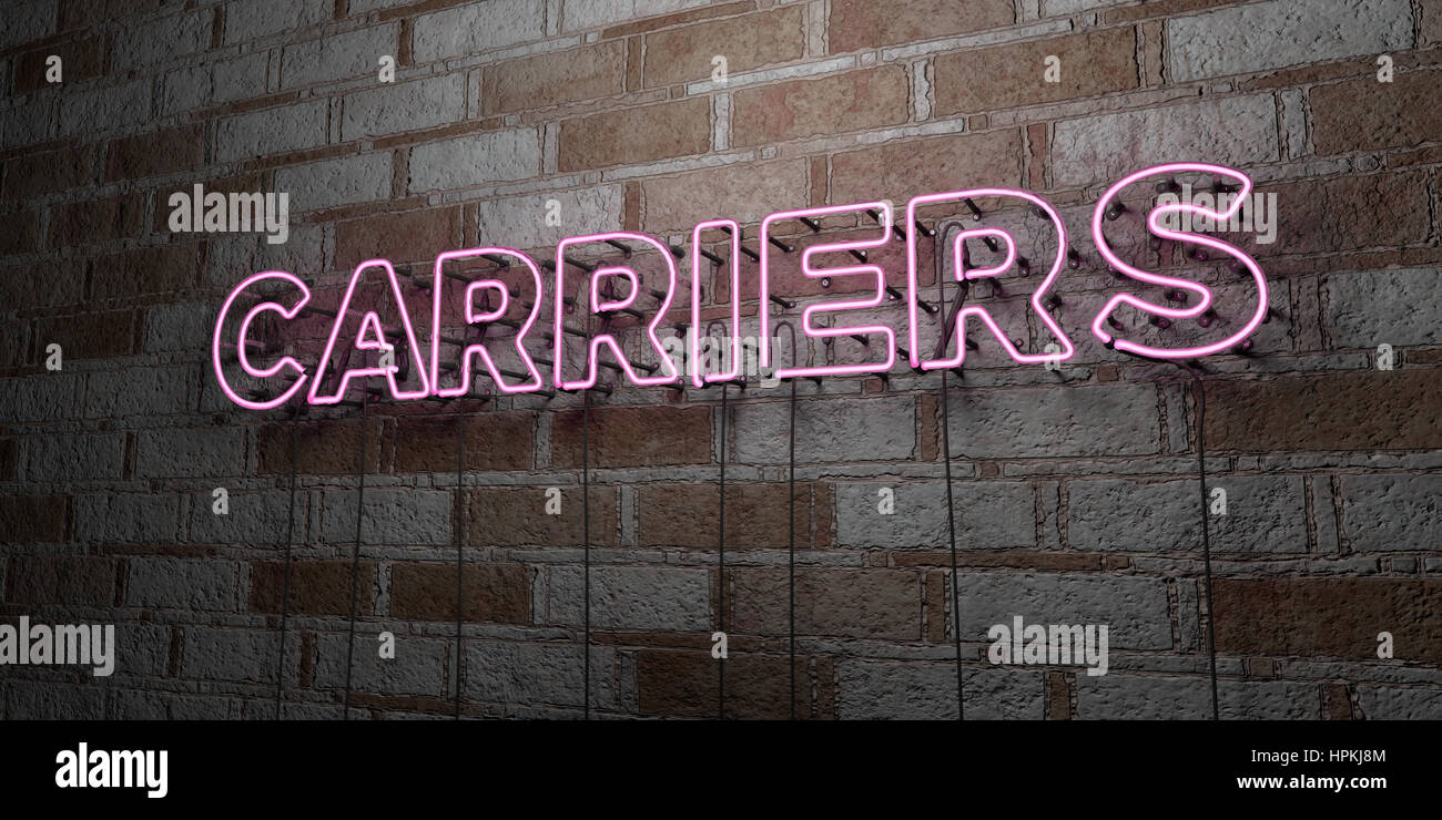 Transporteurs aériens - Glowing Neon Sign sur mur en pierre - rendu 3D illustration libres de droits. Peut être utilisé pour des bannières publicitaires en ligne et de publipostage. Banque D'Images