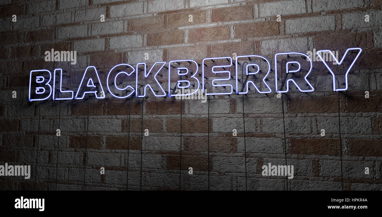 BLACKBERRY - Glowing Neon Sign sur mur en pierre - rendu 3D illustration libres de droits. Peut être utilisé pour des bannières publicitaires en ligne et de publipostage. Banque D'Images