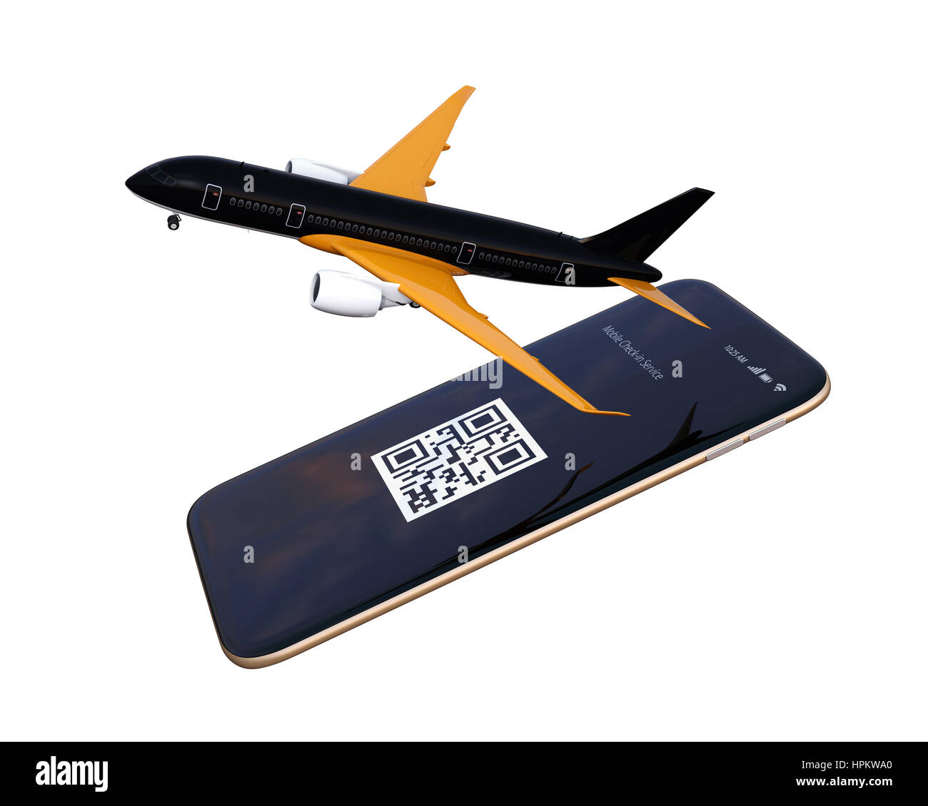 Avion de passagers décollant de téléphone intelligent. Compagnies aériennes mobiles vérifier dans le concept. Le rendu 3D image. Banque D'Images