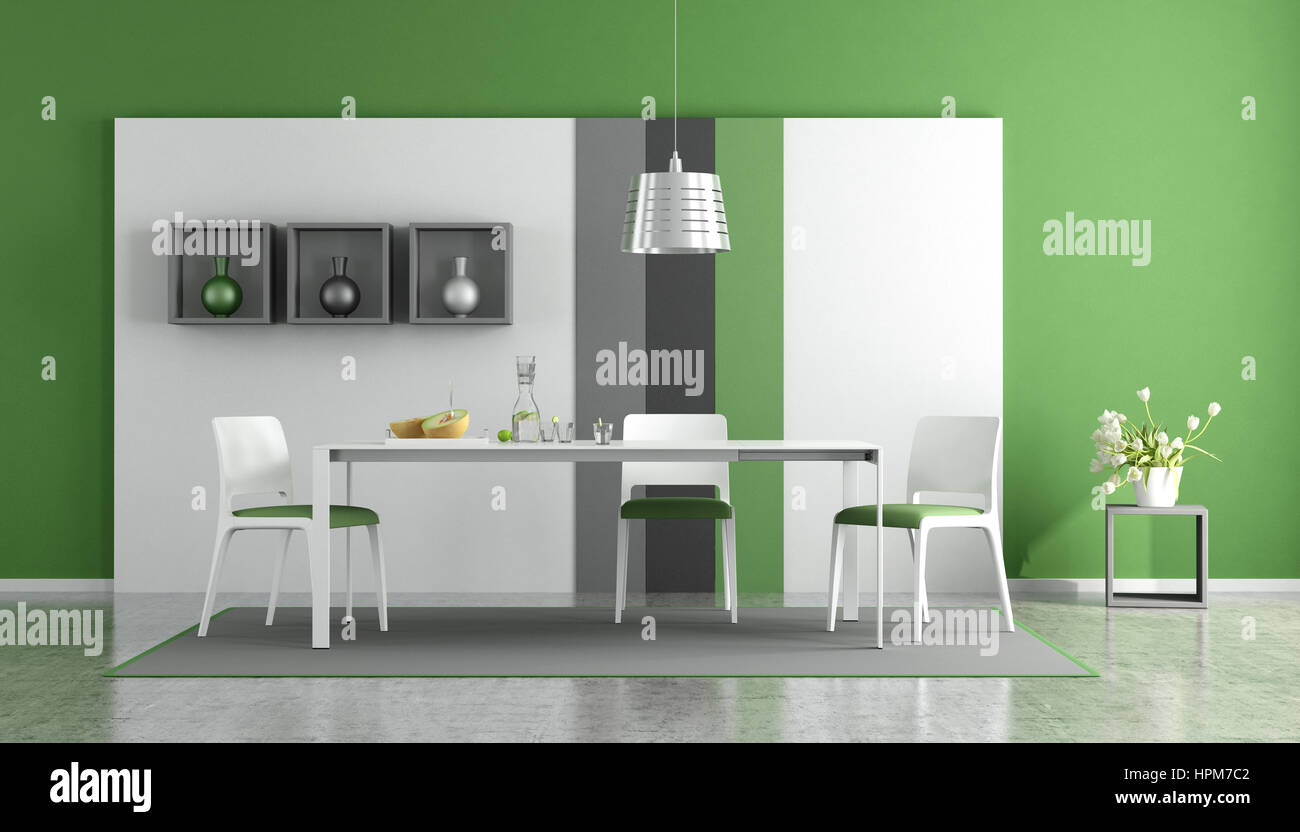 Salle à manger moderne avec mur vert et blanc - le rendu 3D Banque D'Images