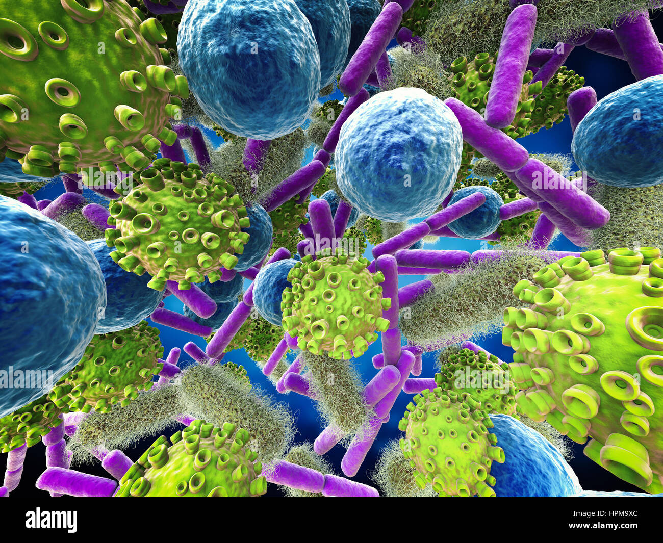 Le rendu 3D différentes cellules de bactéries et virus Banque D'Images
