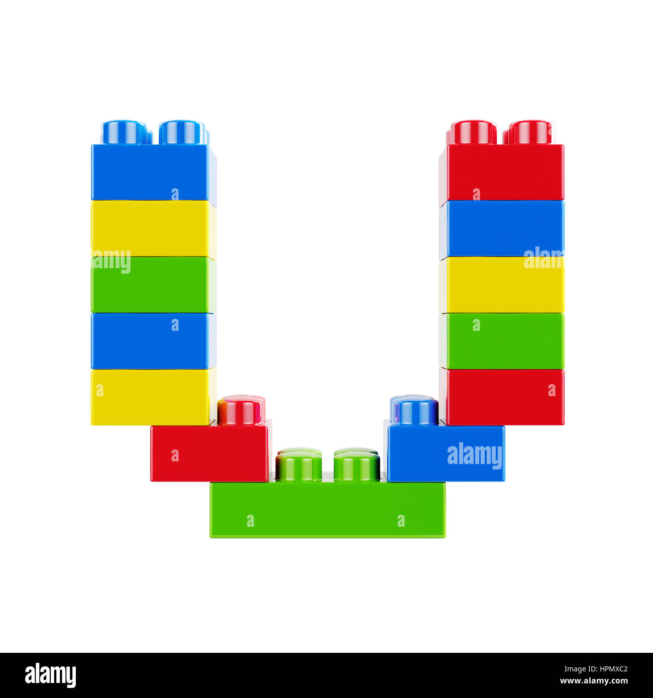 Lettre U caractère alphabet plastique font faites de blocs de brique de construction de jouets. Isolé sur fond blanc Banque D'Images