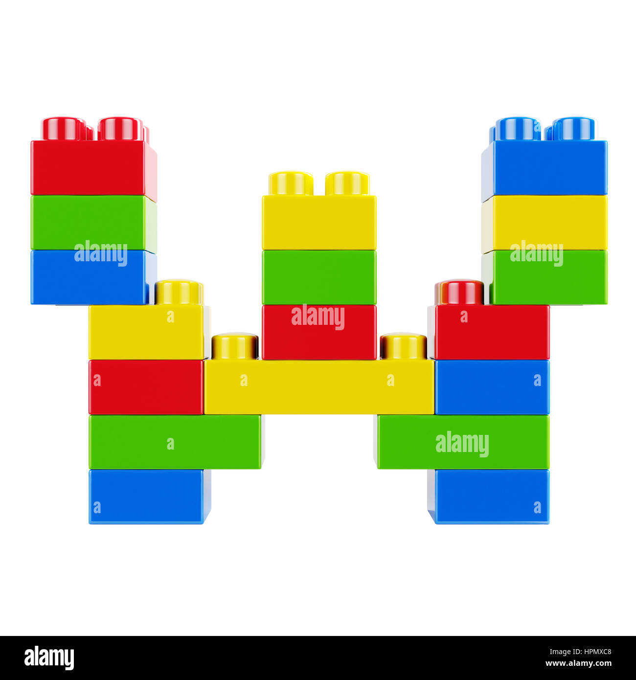 W lettre alphabet en plastique font de caractère en brique de construction de jouets de blocs. Isolé sur fond blanc Banque D'Images