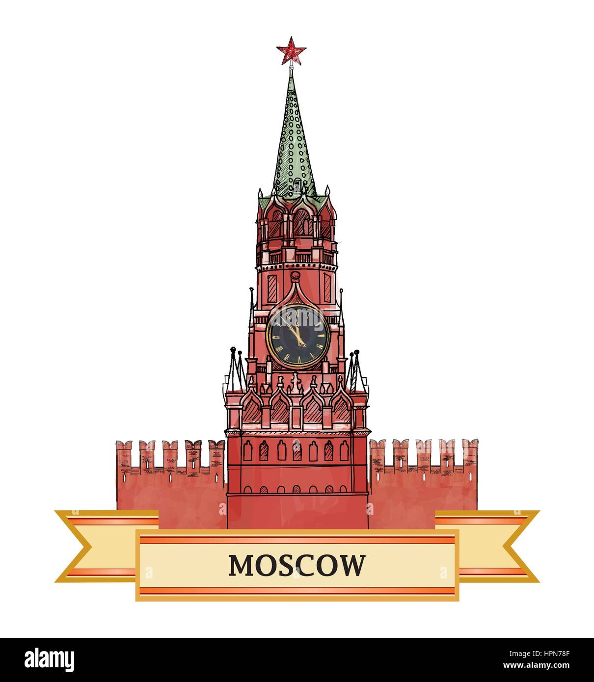 Symbole de la ville de Moscou. Spasskaya Bashnya, la place rouge, Kremlin, Moscou, Russie. vector illustration croquis icône de voyage. Illustration de Vecteur