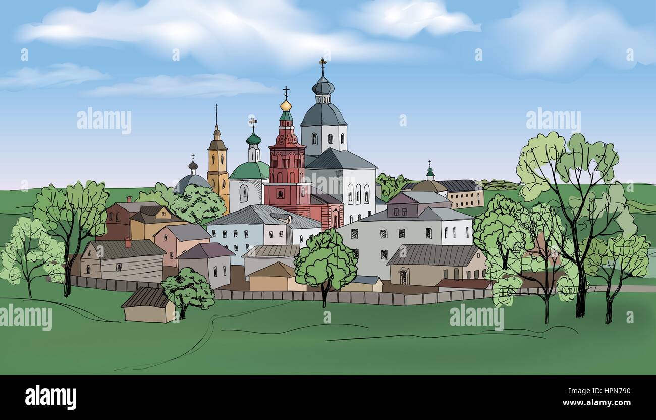 Vieille ville russe Paysage avec église, croquis dessinés à la main. vector illustration ville de Souzdal souzdal. vue de la ville. L'anneau d'or de la Russie. Illustration de Vecteur