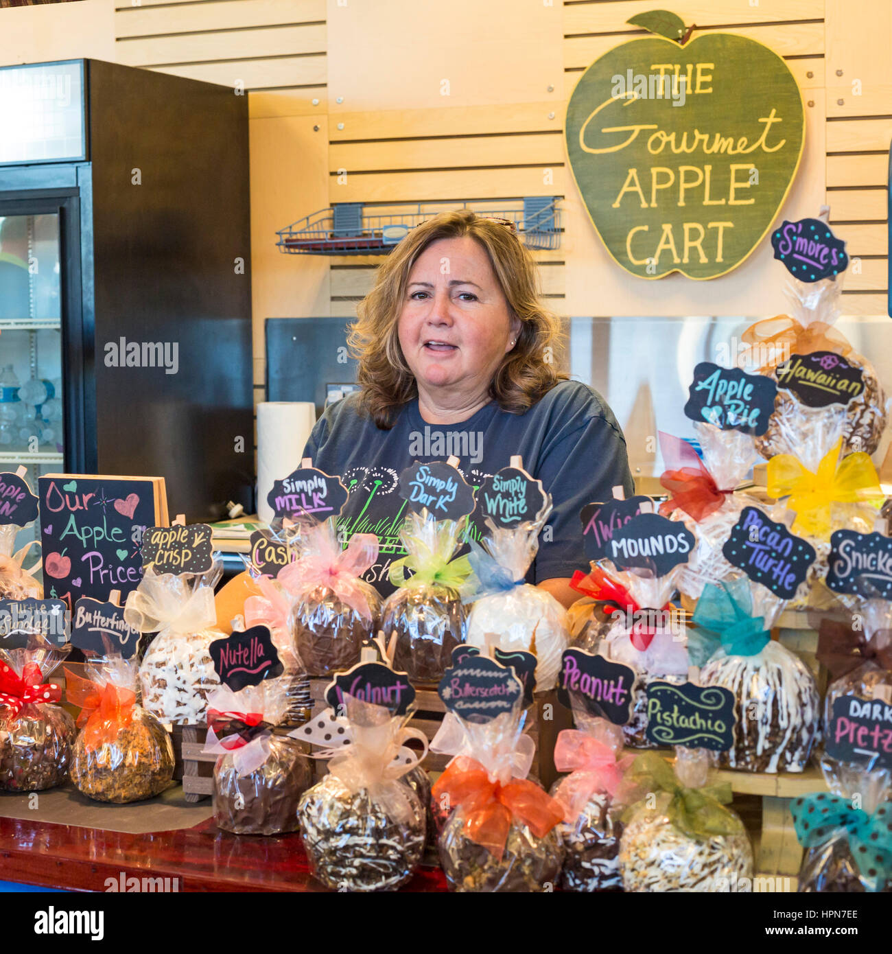Flint, Michigan - Un Apple shop gastronomique au marché des fermiers de silex. Banque D'Images