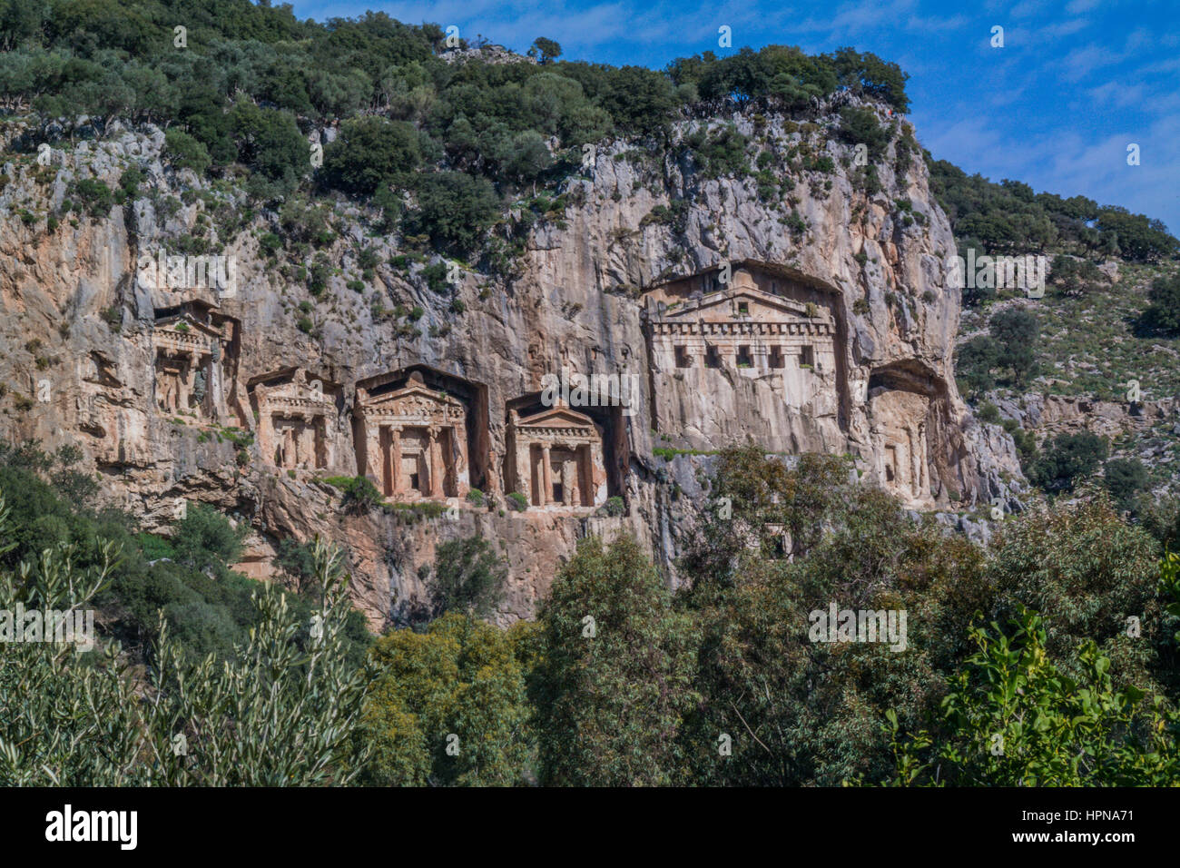 Tombes monumentales sculptées dans la roche à Dalyan Dalyan, Turquie ville mezarlari kaya, tombeaux du roi sculptée dans les rochers, à kayalara mezarlari oyulmus kral, dalyan Banque D'Images