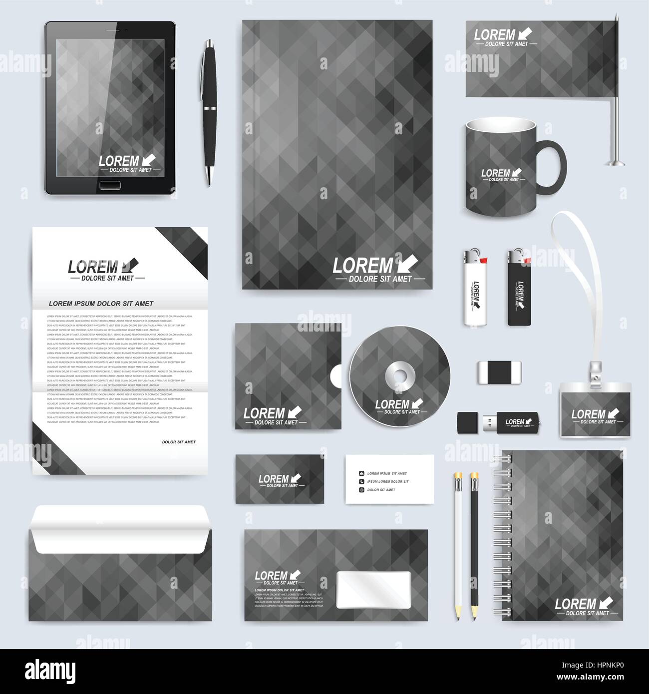 Vecteur de l'identité d'entreprise modèle. Papeterie commerciale moderne mock-up. Arrière-plan avec triangles noirs. Branding Design Illustration de Vecteur