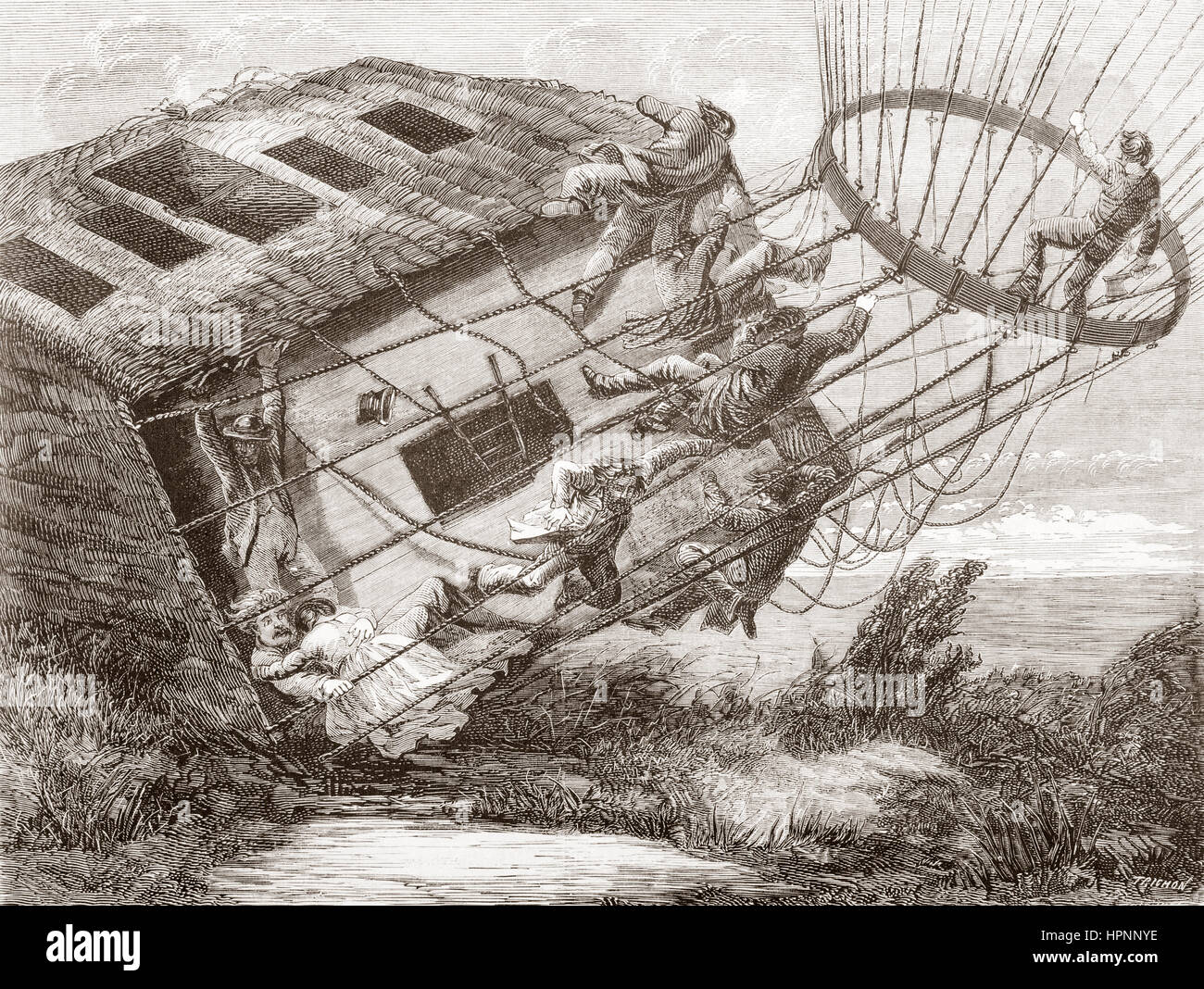 L'atterrissage en catastrophe désastreuse de l'Le ballon géant' ou ' le géant' à Neustadt am Rübenberge, Hanovre, Allemagne, en 1863. À partir de l'Univers illustre, publié en juin 1863 Banque D'Images