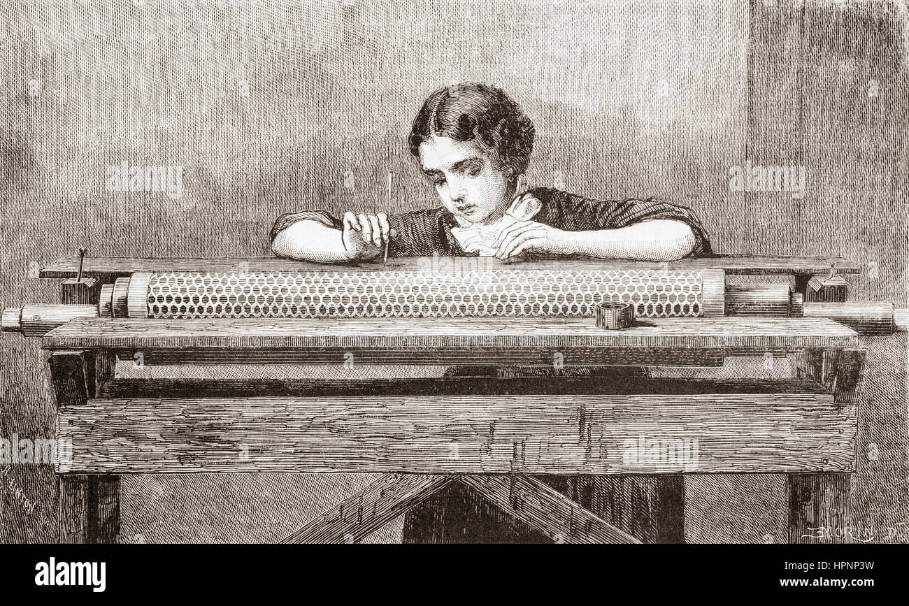 L art de la peinture d'un travailleur sur un rouleau de cuivre réservations destiné à être coupé en gravure à l'acide pour produire des effets. À partir de l'Univers illustre, publié en juin 1863 Banque D'Images
